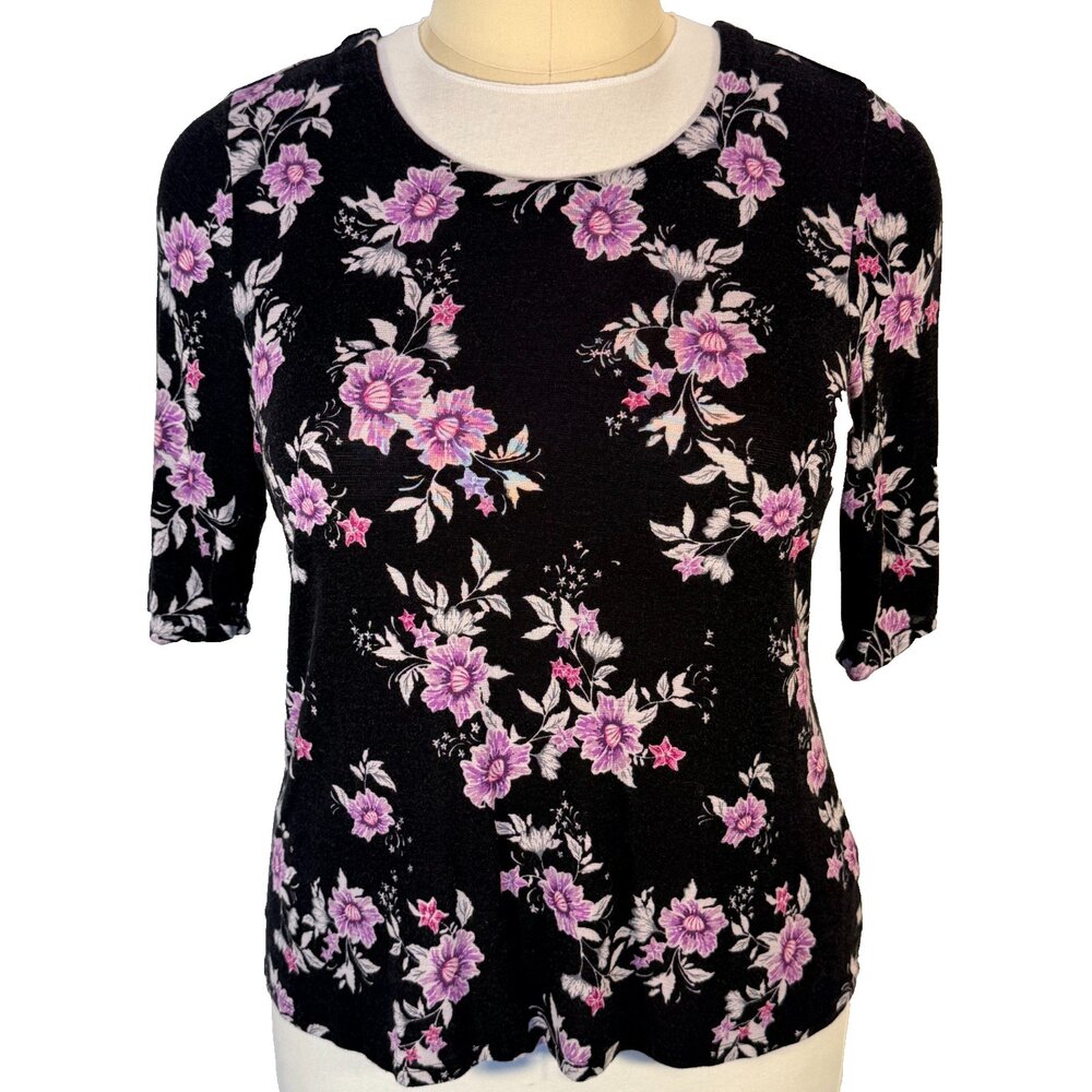 Croft & Barrow Short Sleeve Top Womens XL Petite Black Purple Floral Scoop Neck